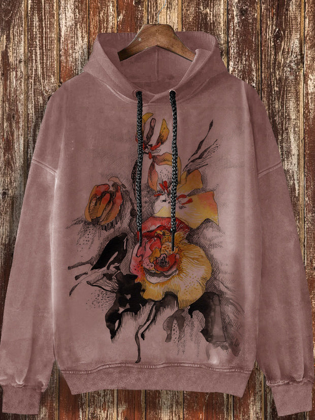 Unisex flower art print fashionable loose casual retro long sleeved hooded sweatshirt