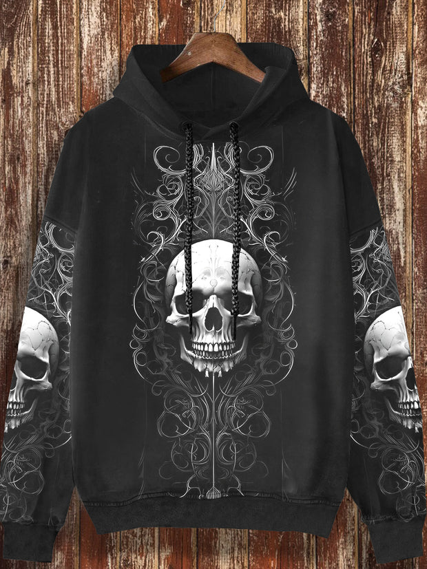 Unisex skull print fashionable loose casual retro long sleeved hooded sweatshirt