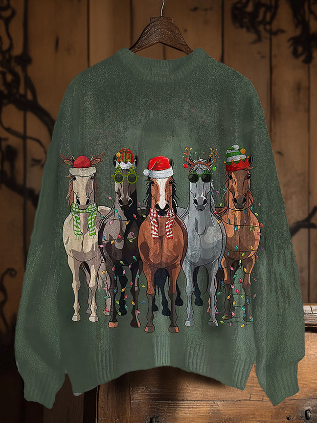 Vintage  Christmas Horse Art Print Casual Knit Pullover Sweater