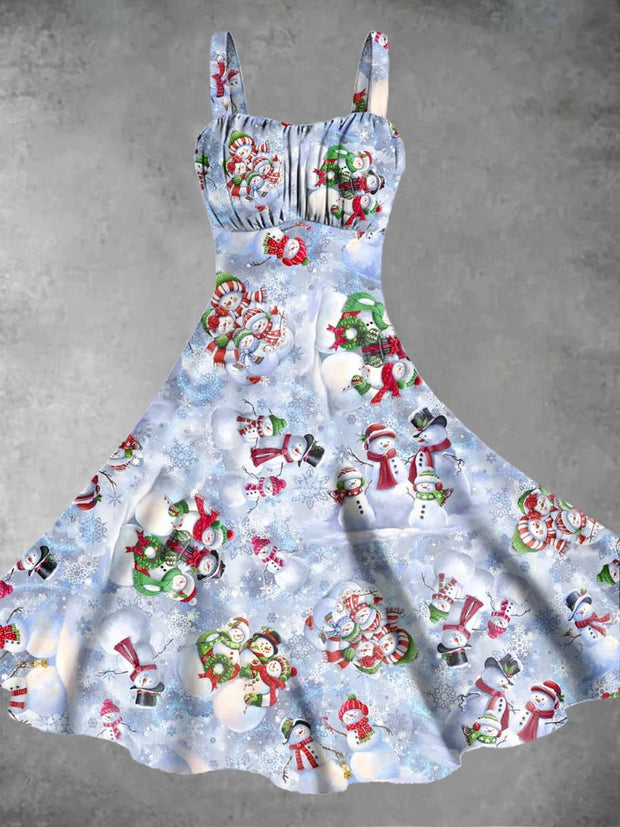 Women's Christmas Snowman Print Suspender Dress