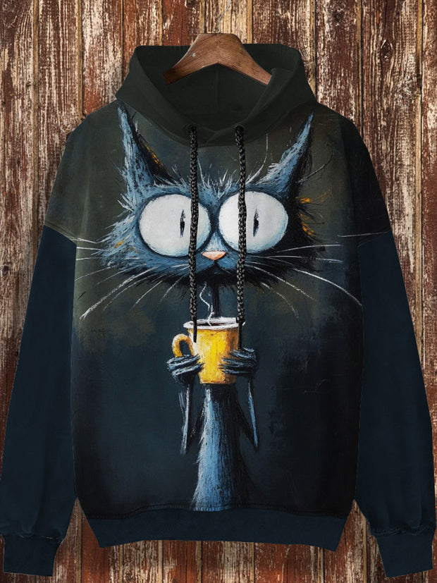 Unisex abstract art cat print fashionable loose casual retro long sleeved hooded sweatshirt