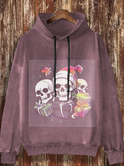 Unisex Christmas skull print fashionable loose casual retro long sleeved hooded sweatshirt