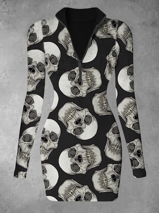 Women's Skull Abstract Print Casual Long Sleeve Mini Dress