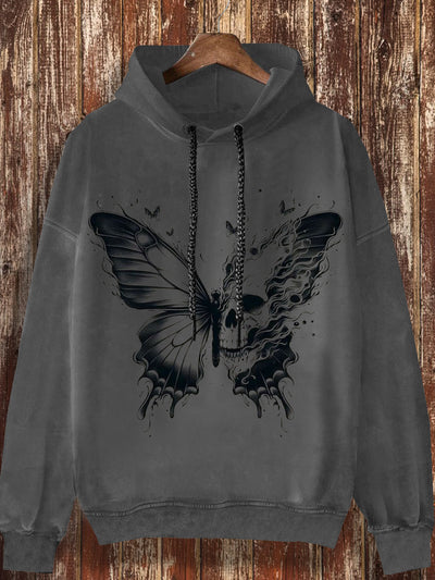 Skeleton butterfly print fashionable loose casual retro long sleeved hooded sweatshirt