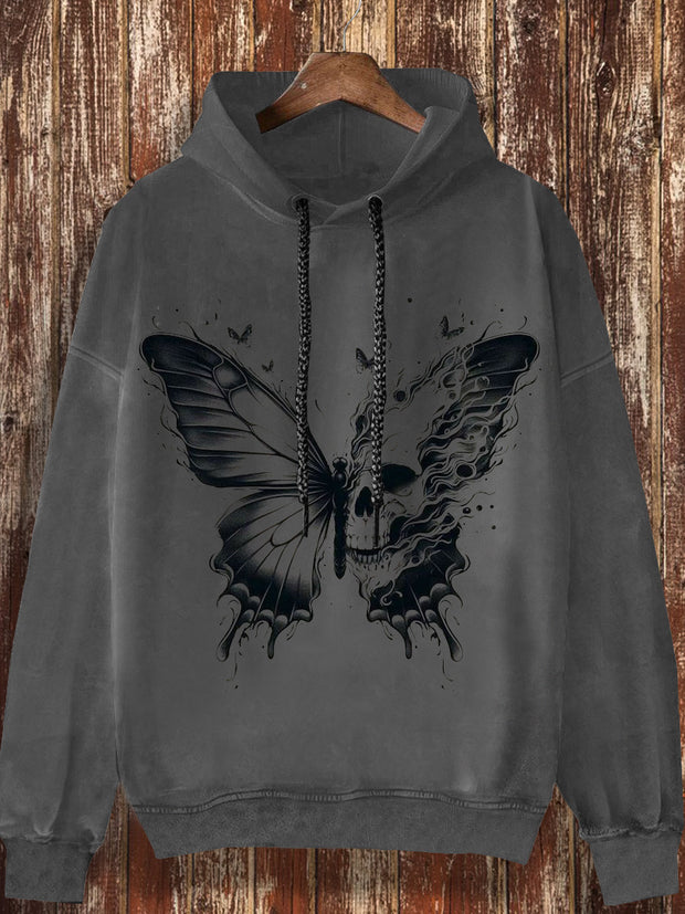 Skeleton butterfly print fashionable loose casual retro long sleeved hooded sweatshirt