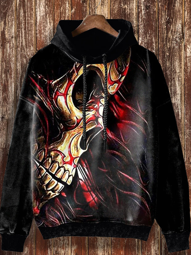 Dark Skeleton Art Pattern Design Printed Fashionable Loose Casual Retro Long Sleeve Hoodie