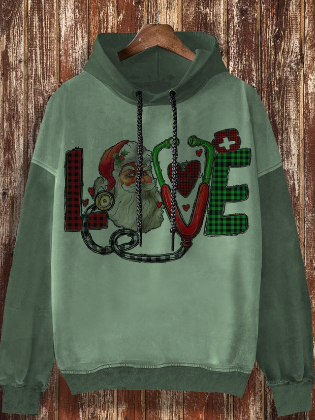 Christmas print fashionable loose casual retro long sleeved hooded sweatshirt