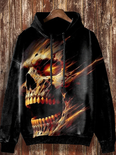 Unisex skull print fashionable loose casual retro long sleeved hooded sweatshirt