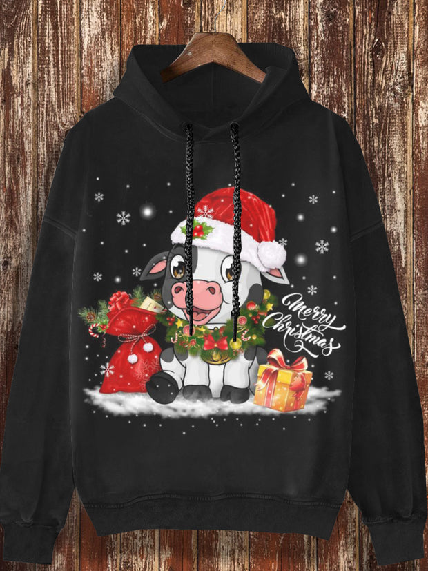 Unisex Christmas cute cow print casual retro hooded sweatshirt