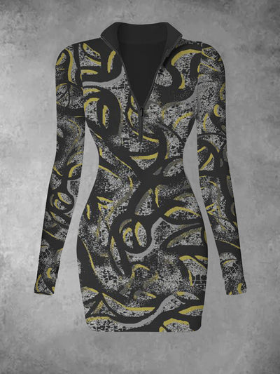 Women's Abstract Art Retro Printed Slimming Fashion V-neck Long Sleeve Dress