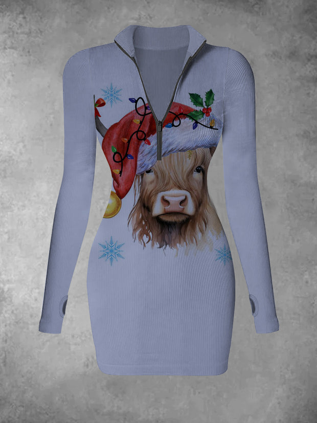 Women's Christmas Art Cow Pattern Retro Print Slim Fashion V-neck Long Sleeve Dress