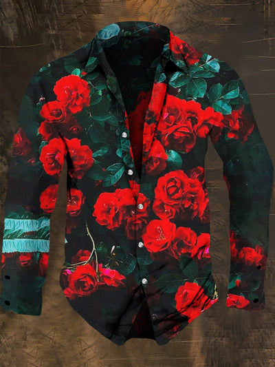 Men's Retro Rose Print Casual Shirt Long Sleeve