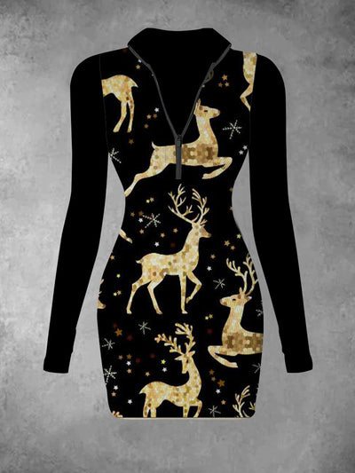 Women's Christmas reindeer retro print slim and fashionable V-neck long sleeved dress