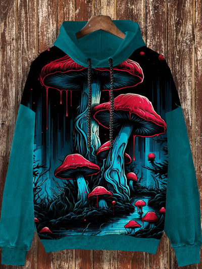 Unisex mutated mushroom design printed casual retro long sleeved hooded sweatshirt