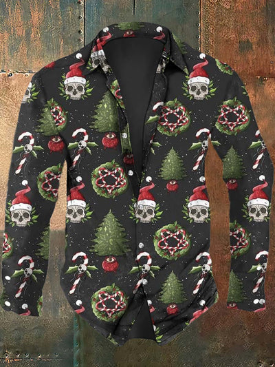 Men's Christmas Skull Print Casual Long Sleeve Shirt