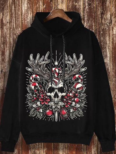 Unisex Christmas skull print design casual retro long sleeved hooded sweatshirt