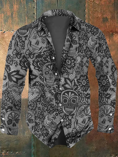 Men's Retro Skull Print Casual Long Sleeve Shirt