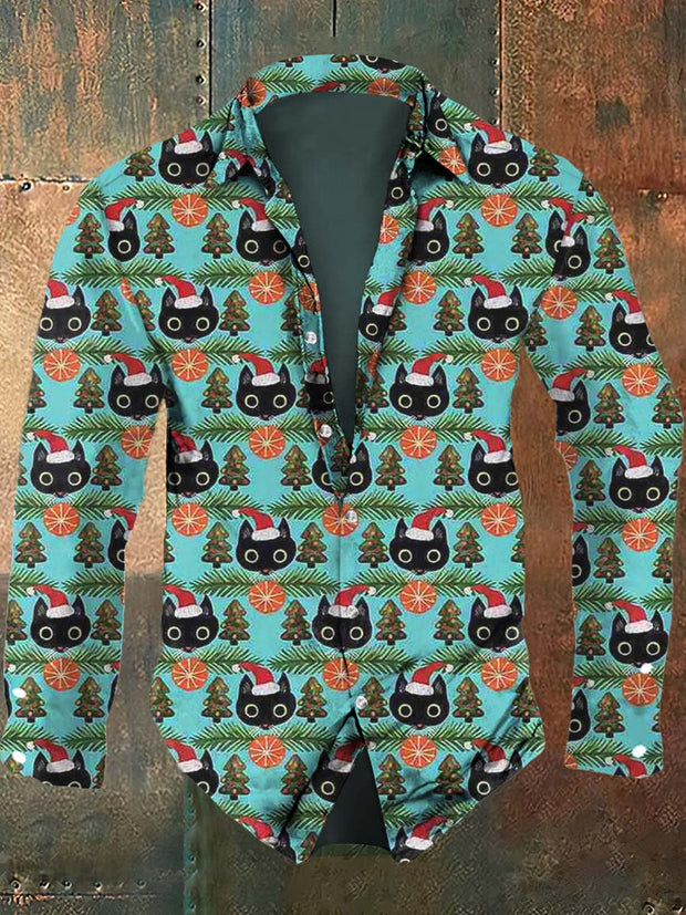 Men's Christmas Cat Print Casual Long Sleeve Shirt