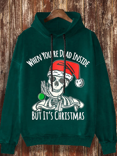 Unisex Christmas skull print casual retro long sleeved hooded sweatshirt