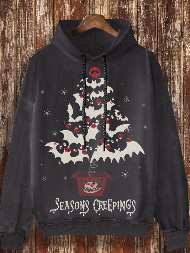 Unisex Christmas skull print casual retro long sleeved hooded sweatshirt