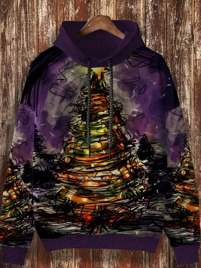 Unisex Christmas art Christmas tree print casual retro long sleeved hooded sweatshirt