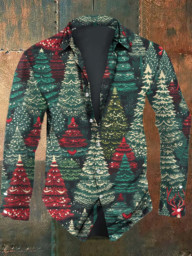 Men's Christmas Tree Printed Casual Long Sleeve Shirt