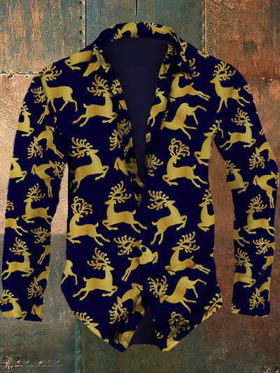 Men's Christmas reindeer retro art print casual fashion lapel long sleeved shirt