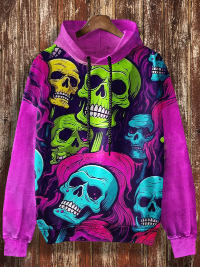 Unisex Color Pop skull Print Halloween Casual Hooded Sweatshirt