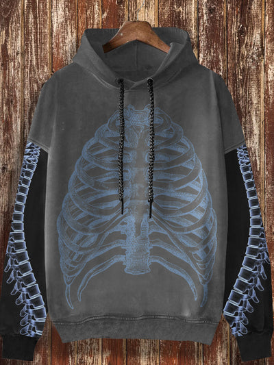 Unisex bone pattern design retro print casual loose long sleeved hooded sweatshirt