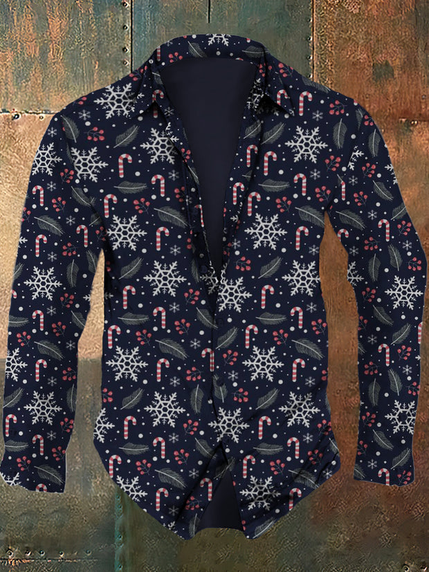 Men's Christmas Art Pattern Printed Casual Fashion Collar Long Sleeve Shirt