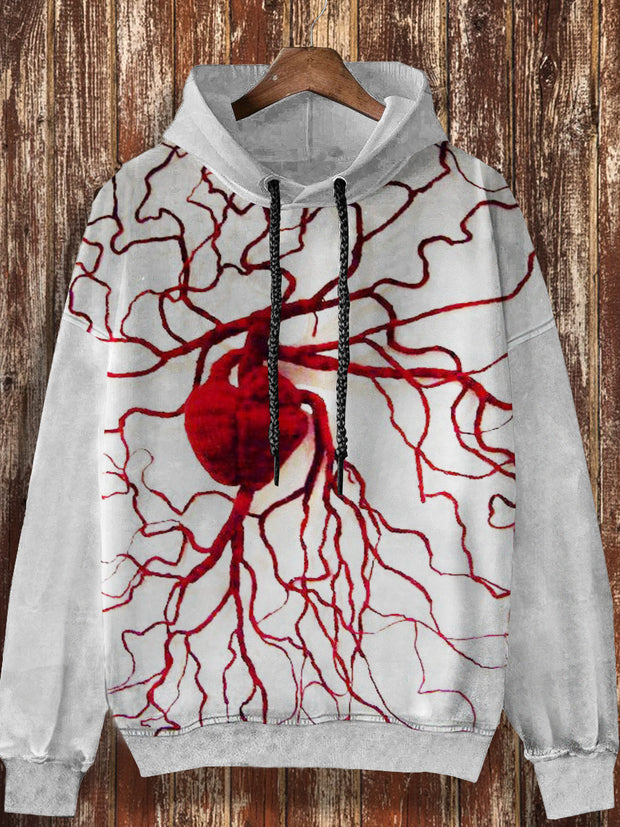 Unisex heart vein retro printed casual loose long sleeved hooded sweatshirt