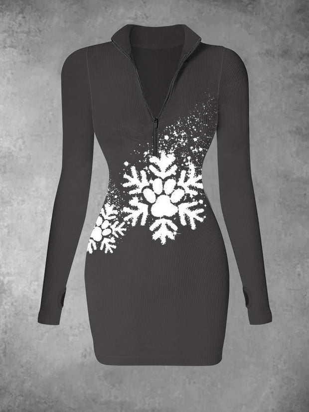 Women's Christmas Snowflake Retro Printed Slim Fashion V-neck Long Sleeve Dress