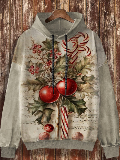 Unisex Christmas design retro print casual loose long sleeved hooded sweatshirt