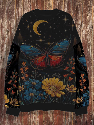 Unisex retro butterfly floral art print casual loose round neck long sleeved sweatshirt