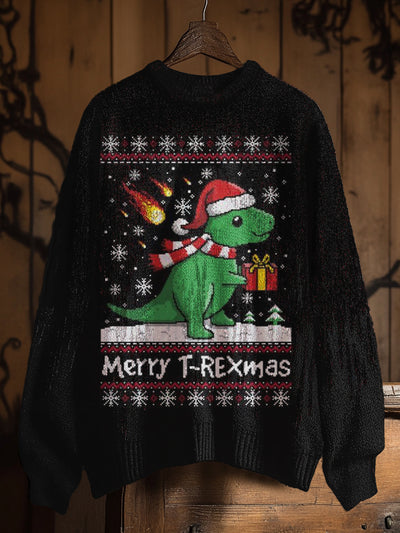 Vintage Dinosaur Christmas Gift Art Print Casual Knit Pullover Sweater