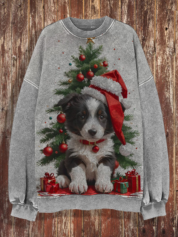 Unisex Christmas retro cute puppy art print casual loose round neck long sleeved hoodie