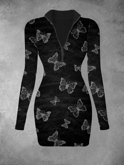 Women's retro butterfly pattern design, artistic printing, slim fit and fashionable V-neck long sleeved dress