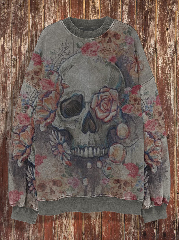 Unisex retro skull art print casual loose round neck long sleeved sweatshirt