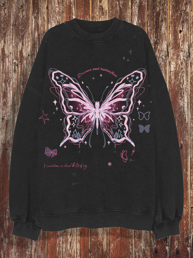 Unisex retro fluorescent butterfly art print casual loose round neck long sleeved sweatshirt