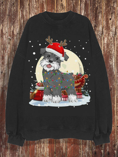 Unisex Christmas retro cute puppy art print casual loose round neck long sleeved hoodie