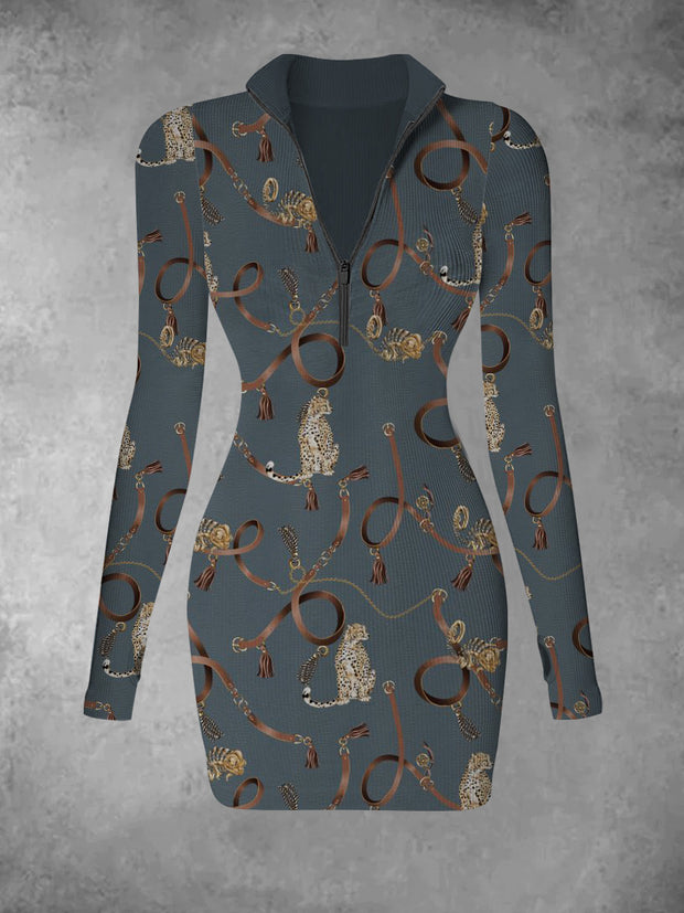 Women's retro leopard pattern art print slim and fashionable V-neck long sleeved dress