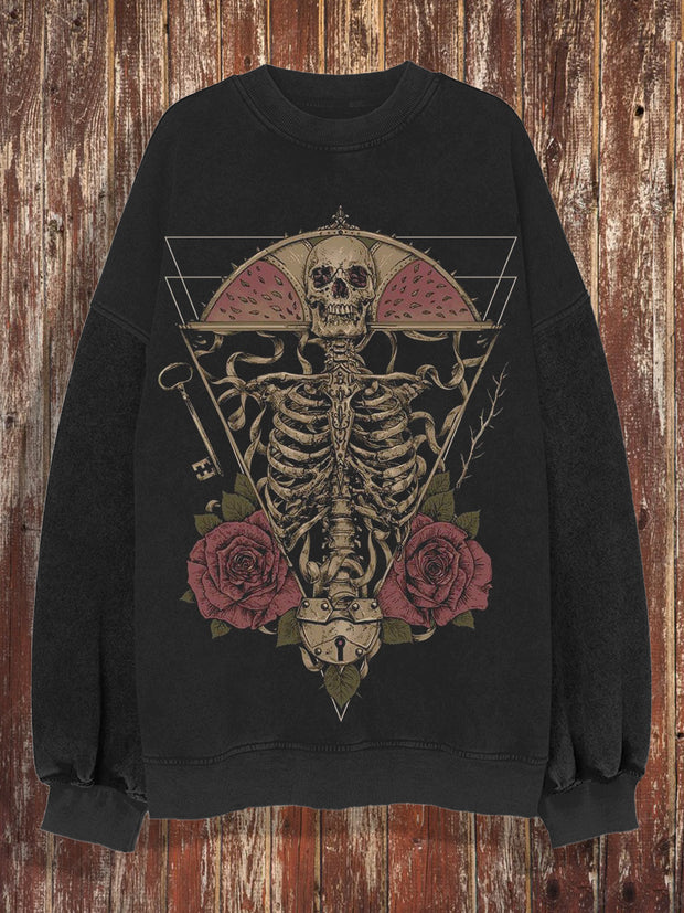 Unisex retro skull flower abstract art print casual loose round neck long sleeved hoodie