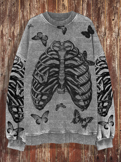 Unisex retro butterfly skeleton abstract art print casual loose round neck long sleeved sweatshirt