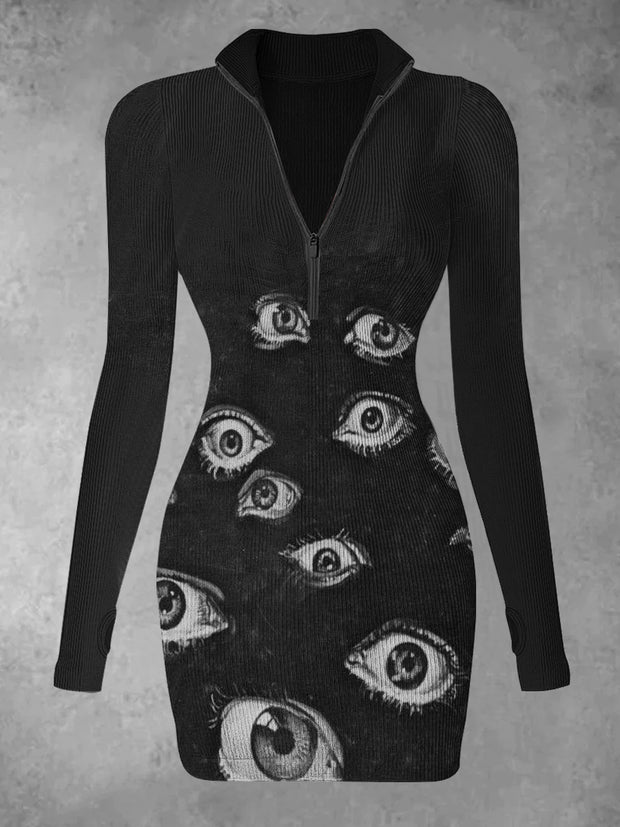 Women's Fantasy Eyes Print Casual Long Sleeve Mini Dress