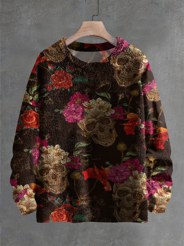 Vintage Abstract Skull Rose Art Print Casual Knit Pullover Sweater