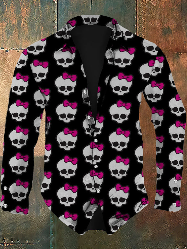 Men's retro skull abstract pattern printed casual fashion lapel long sleeved shirt