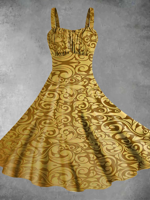 Women's Gold Pattern Print Design Pinafore Dresses