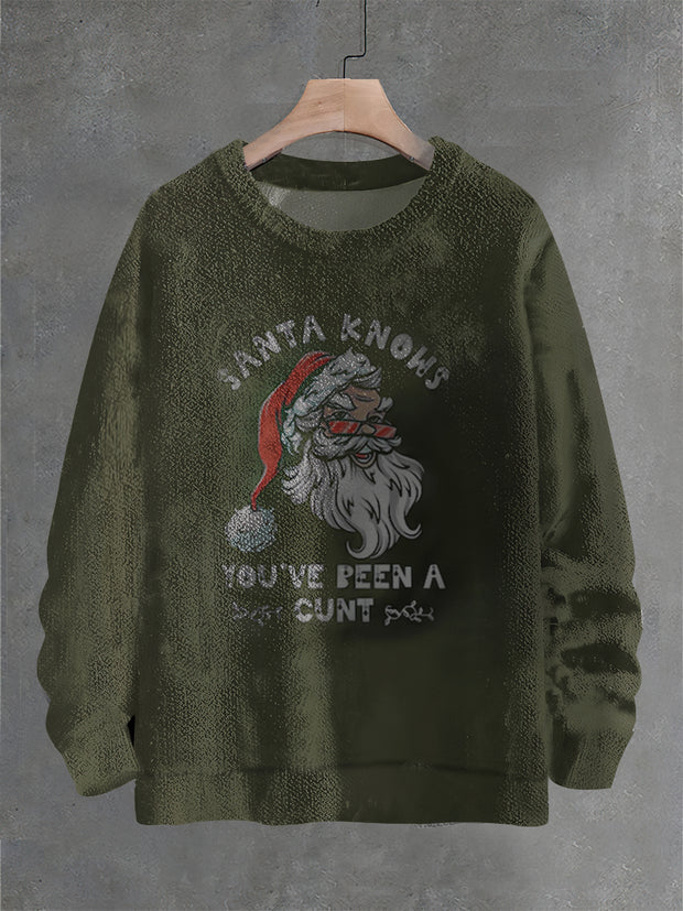 Vintage Santa Knows Art Print Casual Knit Pullover Sweater