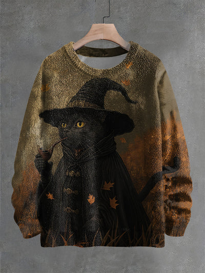 Vintage Abstract Witch Cat Art Print Casual Knit Pullover Sweater