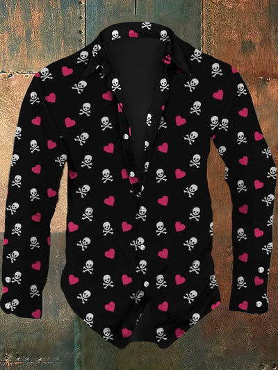 Men's Retro Skull Pattern Printed Casual Fashion Collar Long Sleeve Shirt